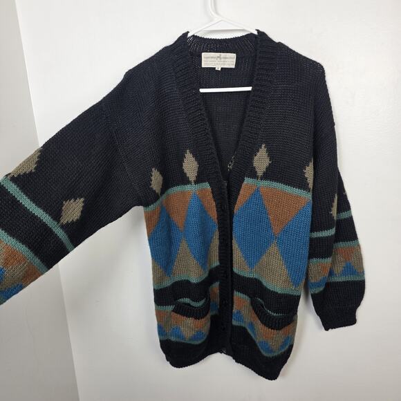 Peruvian Connection Black Multicolor Geometric 100% Alpaca Cardigan Size Small - Picture 2 of 6